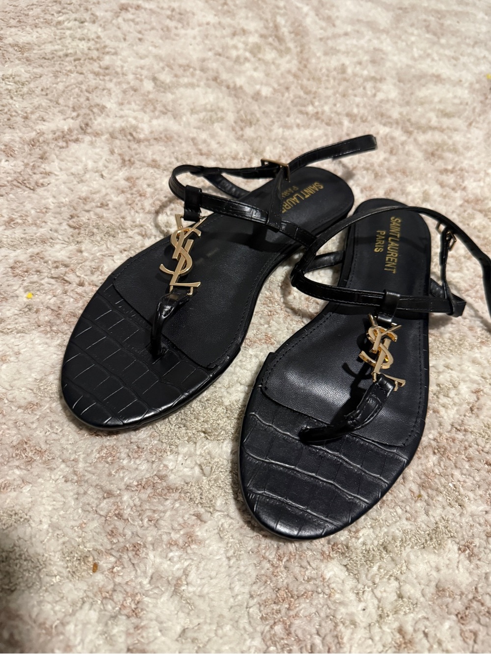 Saint Laurent Black Croc-Embossed Thong Sandals w/ Gold YSL